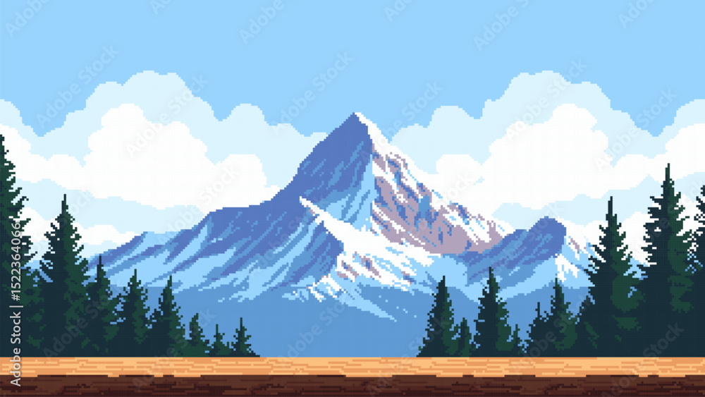 Aufkleber 8-bit pixel art game level background. 2D video game graphics. vector illustration. mountain range with pine trees. blue sky with white clouds. game assets. 