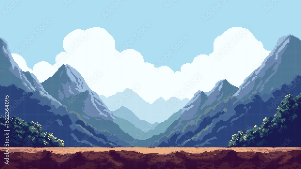 Poster 8-bit pixel art retro game level background. mountain range. blue sky. white clouds. vector graphics. video game design. pixelated. green vegetation. landscape in side view. 