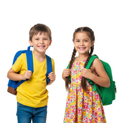 A boy and a girl are both smiling, and each has a bag on their back