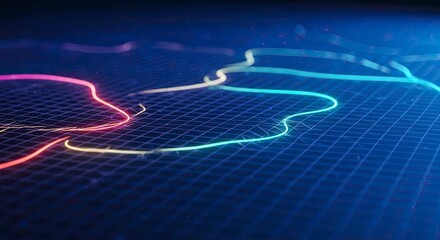 Abstract Digital Rendering of Colorful Glowing Lines Over Blue Grid Surface