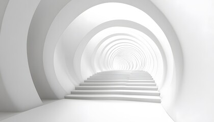 Empty, white architectural tunnel with concentric arches and steps.