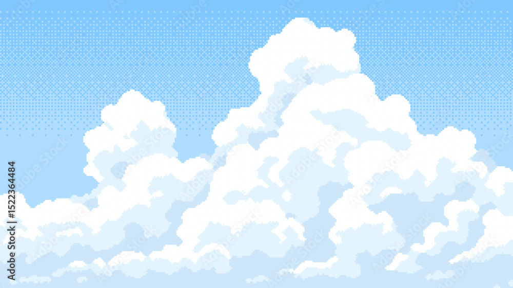 Poster 8-bit pixel art of white clouds in the sky. game level backdrop. 2D video game graphics. simple pixelated background. vector illustration. game assets. 
