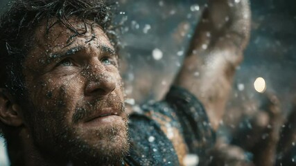 Intense Close-Up of a Mud-Covered Rugby Player Looking Upward During a Rainy Match, Depicting Determination, Grit, and Athleticism in Harsh Conditions - Powered by Adobe