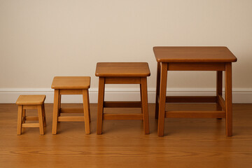 A row of benches from childhood to adulthood is a metaphor for the orderly and warm family atmosphere of the family