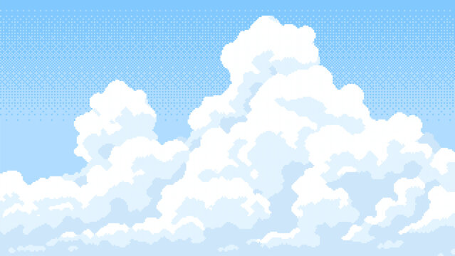 8-bit pixel art of white clouds in the sky. game level backdrop. 2D video game graphics. simple pixelated background. vector illustration. game assets. 