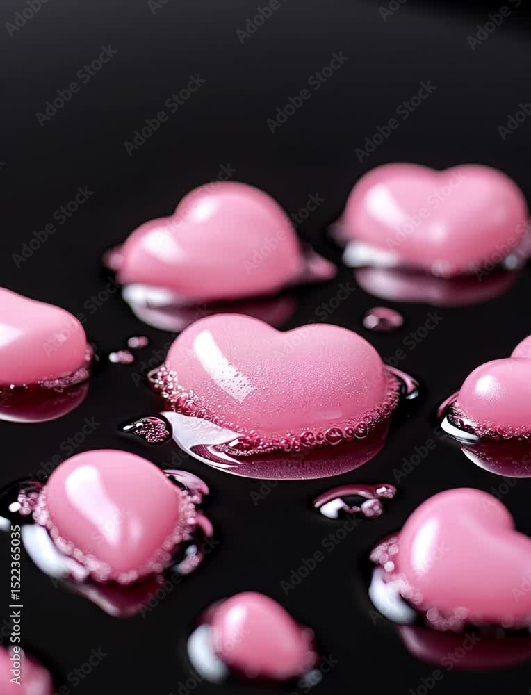 Poster macro shot of a pink heart shape object with liquid around it on a dark background.