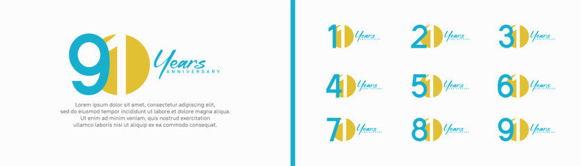 set of anniversary logo style with handwriting. vector design blue and yellow color for celebration