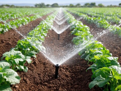 Irrigation system watering rows of crops in a field, close-up of sprinkler watering field crops.