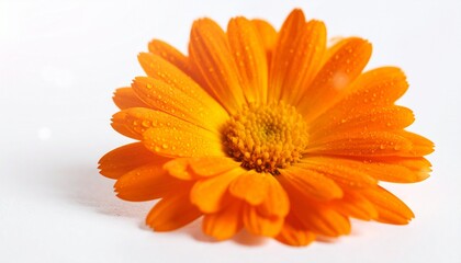 beautiful orange chrysanthemum with dewdrops sticking to the flower on a white background. natural texture with sharp and rough edges in a minimalist layout, minimal background