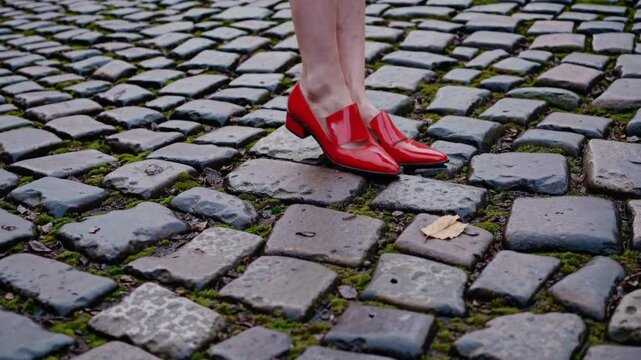 "Red shoes on cobblestone path in a stylish setting in vibrant colors for fashion and lifestyle"