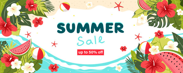 Horizontal summer sale banner with tropical flowers, leaves, watermelon, beach ball, and ocean. Bright vector template for promotion, advertising, or social media. Up to 50% off.