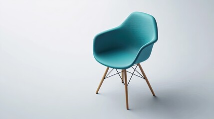 Cyan office chair on white background, isometric 3D rendering with molded plastic shell and wooden legs