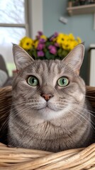 A cat with green eyes sitting in a basket, surrounded by flowers.