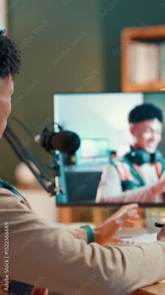 Poster man, live streaming and video editing in studio with talk, info or tips for content creation in home