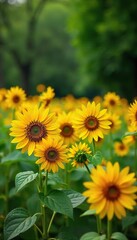 Obraz premium Vibrant sunflowers in full bloom create a stunning display against a backdrop of lush green park foliage Perfect for summer, nature, and garden themes , blossom, bloom