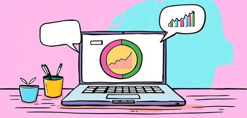Hand-drawn flat style illustration of a webinar, depicting laptop, charts, and speech bubbles,  business meeting,  meetup
