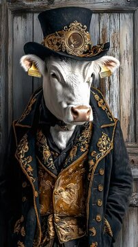 Anthropomorphic Royal Animals, Fantasy Couture Animal Portraits, White Cow in Victorian Royal Attire Fantasy Portrait, Elegant Bull Character Wearing Embroidered Vintage Costume, Majestic Cow Dressed 