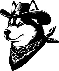 SVG file portrait of a husky dog ​​in a hat and scarf black and white vector, file for printing, cutting