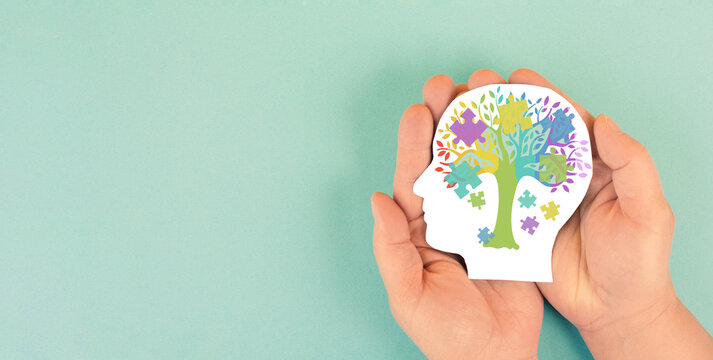 ADHD, attention deficit hyperactivity disorder, mental health, head of child, colorful jigsaw or puzzle pieces, cognitive difficulty