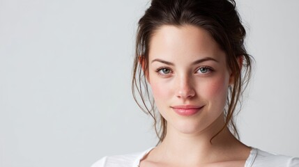 Photograph a subject with a strong, steady gaze and a small, assured smile that communicates inner strength. Even, high-key lighting and a plain background emphasize the modelâ€™s confidence