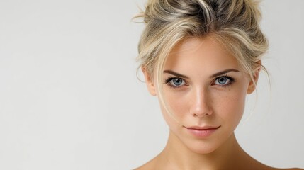 Photograph a subject with a strong, steady gaze and a small, assured smile that communicates inner strength. Even, high-key lighting and a plain background emphasize the modelâ€™s confidence