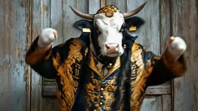 Royal Bull in Gold Embroidered Robe Fantasy Character, Emperor Bull in Oriental Regal Costume Portrait, Cow Warrior in Luxury Ethnic Attire Concept Art, Fantasy Warrior Bulls for Game Concepts