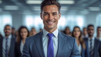 Confident businessman with team