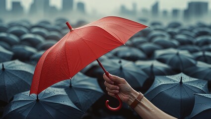 Red umbrella in a crowd