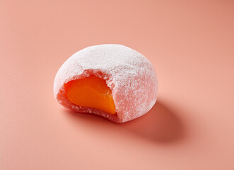 ein rosa Mochi auf lachsfarbigen Hintergrund