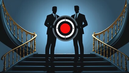 Two businessmen holding target in luxury setting