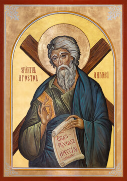 PIACENZA, ITALY - MAY 21, 2025: The icon of St. Andrew the Apostle in the church Chiesa di San Sepolcro (Romanian orthodox) by unknown artist of 20. cent.