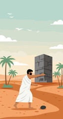 The image depicts a pilgrim performing the symbolic act of the Stoning of the Devil (Ramy al-Jamarat) during the Hajj pilgrimage.