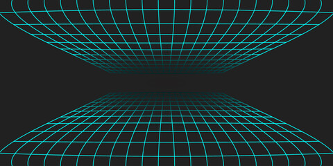 3d wireframe perspective grid room template design vector illustration background. Empty 3 dimension virtual room with perspective wireframe grid geometric sketch. Cyber virtual line interior frame.