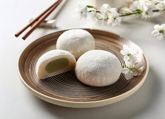 weiße Matcha Mochi in japan, stäbchen und Blüten