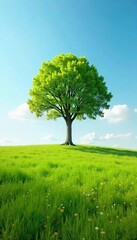 Fototapeta premium A lone, perfectly symmetrical tree stands in a vast, empty field under a clear sky; a concept of peaceful isolation and fairness , quiet, symmetry