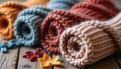 Rolled knitted scarves in autumn colors arranged in spiral on wooden surface for seasonal display.