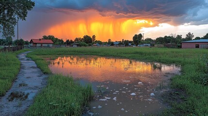 Sunset storm over flooded rural path