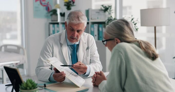 Doctor, mature man and woman with contract for medical aid, life insurance or application in clinic. People, explain healthcare and clipboard for form, survey or documents for registration or service
