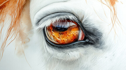 Closeup amber eye of a white horse watercolor painting detailed artistic animal. hair