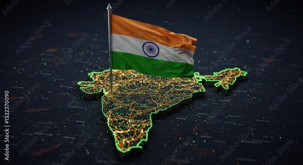 Aufkleber illuminated india map with flag: a digital representation of infrastructure and connectivity