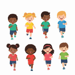 Cheerful children running, diverse group of active kids