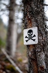 Fototapeta premium Warning sign with skull and crossbones nailed to a tree in a forest, indicating danger or toxic area in a natural environment