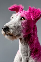 Groomed dog with bright pink and white fur looking to the side in studio portrait