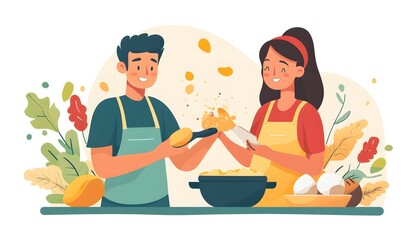 Couple cheerfully preparing food together in a kitchen.