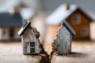 Broken miniature house model split in two on wooden surface symbolizing property division in divorce