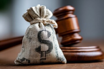 Small money bag with dollar symbol next to wooden gavel, symbolizing financial penalties or legal judgment
