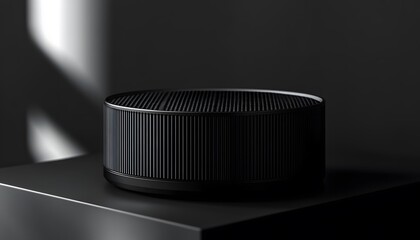 Modern black circular object on a dark surface.