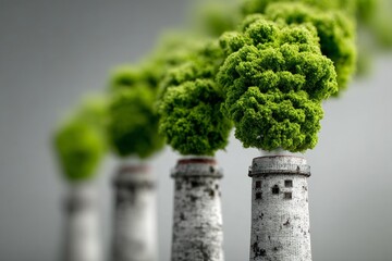 Industrial smokestacks releasing lush green trees instead of smoke, representing eco-friendly transformation and sustainability
