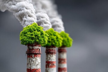 Industrial chimneys emitting lush green tree tops instead of smoke symbolizing eco-friendly transformation