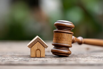 Judge’s gavel beside miniature wooden house on outdoor surface, representing legal decisions on real estate and property matters